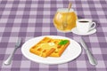 Hand drawn breakfast with coffee, waffles and honey on the violet checkered tablecloth